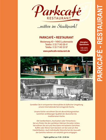 Die Speisekarte des Parkcafé Restaurant Luckenwalde - Internationale Küche