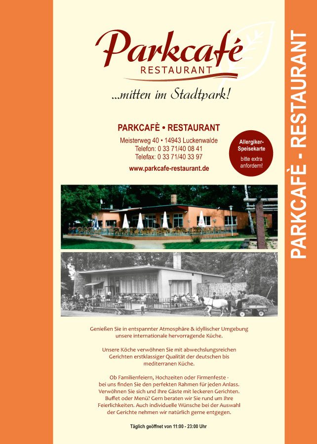 Die Speisekarte Des Parkcafe Restaurant Luckenwalde Internationale Kuche